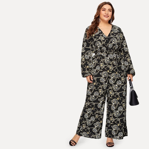 

Plus Chain & Leopard Print Slit Cut Back Jumpsuit