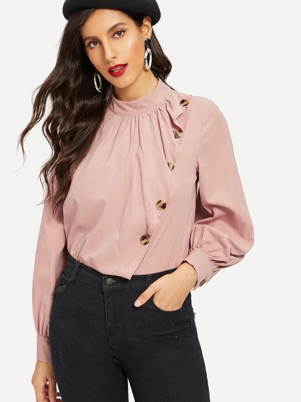 

Mock-neck Button Ruffle Suede Top, Pink, Jeane