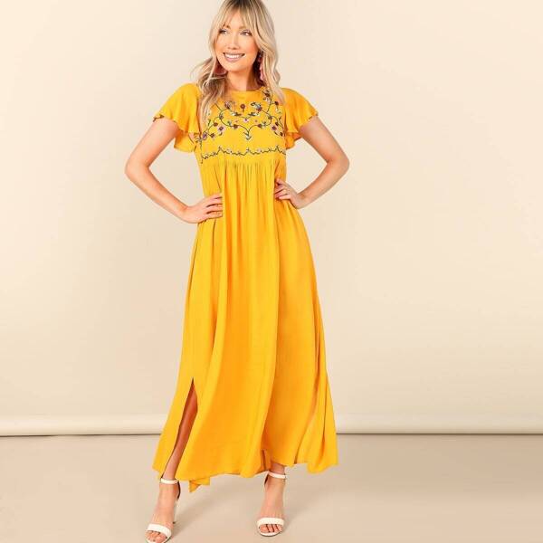 

Flutter Sleeve Embroidered High Waist Slit Dress, Yellow