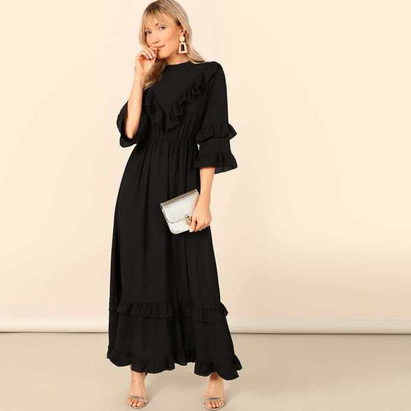 

Layered Flounce Trim Keyhole Back Hijab Dress