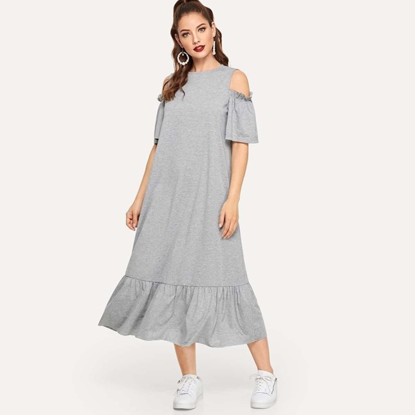 

Open Shoulder Flounce Hem Marled Dress, Grey