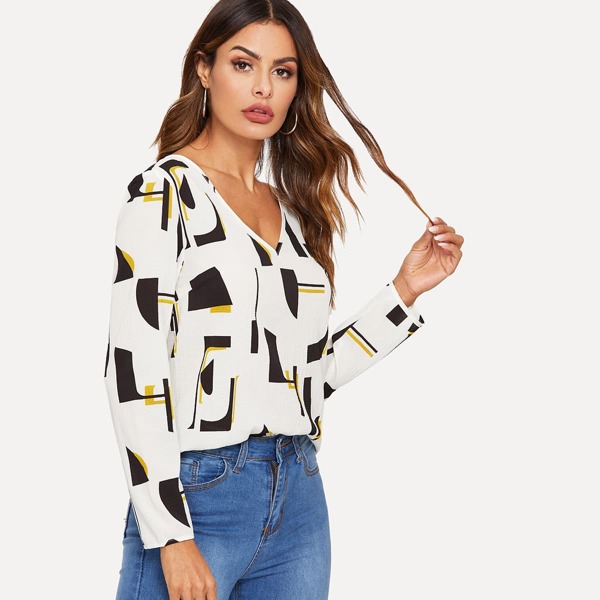 

V-neck Geo Print Top, White