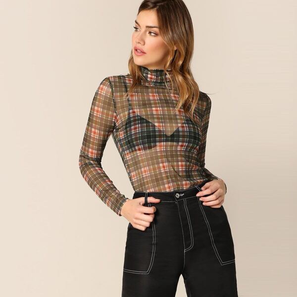 

Mock-neck Sheer Plaid Top Without Bra