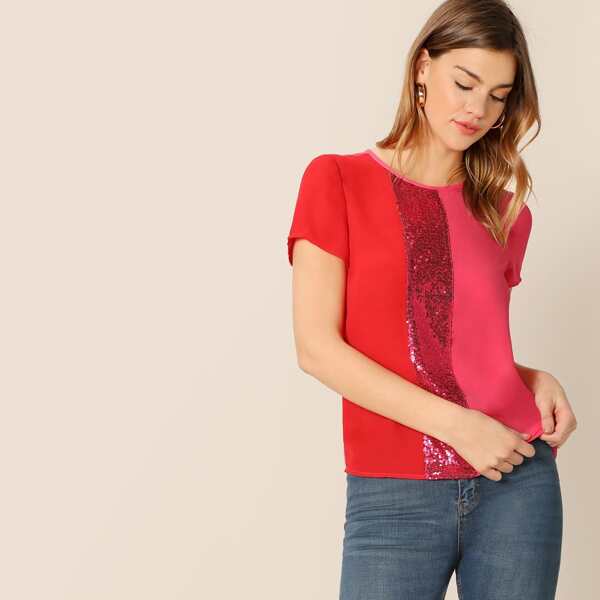 

Sequin Panel Spliced Top, Pink bright