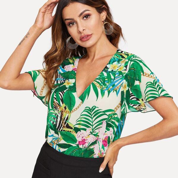 

Tropical & Chain Print Flutter Sleeve Top