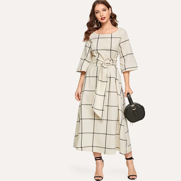 

Grid Buckle Belted Dress, Beige