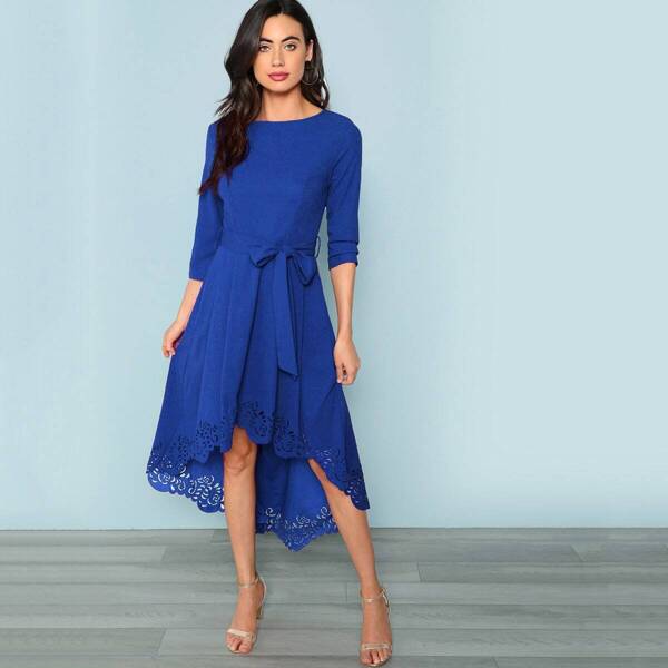 

Laser Cut Scallop Dip Hem Self Belted Dress