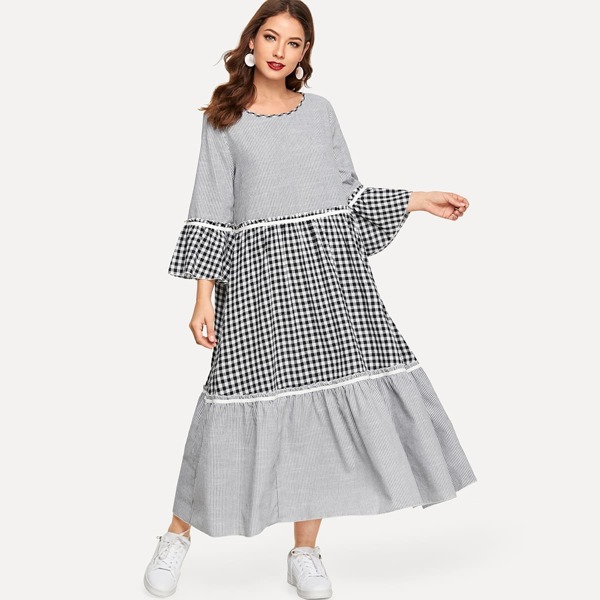 

Striped Plaid Bell Sleeve Dress, Black and white
