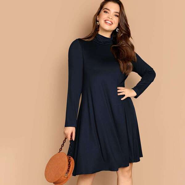 

Plus High Neck Solid Swing Dress