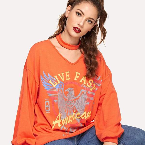 

Letter & Animal Print Pullover With Choker