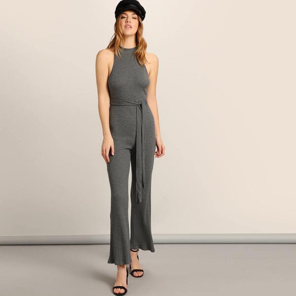

Mock-neck Self Belted Rib-knit Jumpsuit