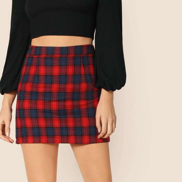 

Side Zip Plaid Bodycon Skirt