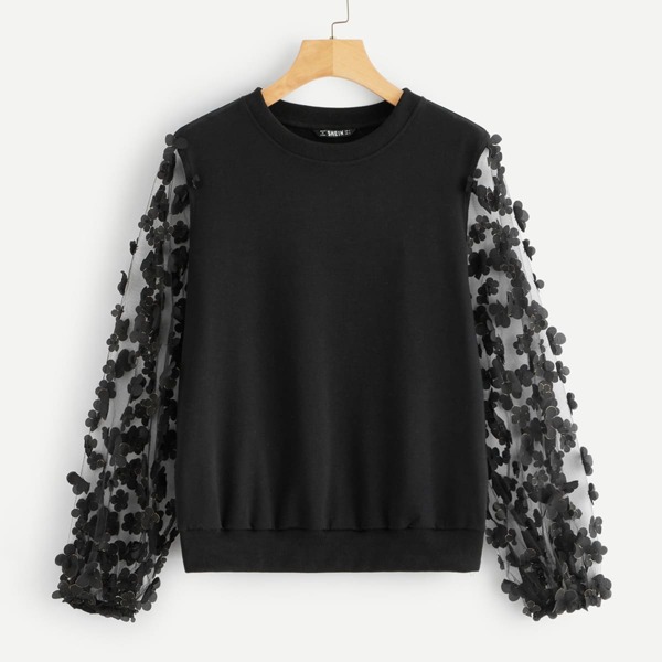 

Flower Applique Mesh Sleeve Sweatshirt