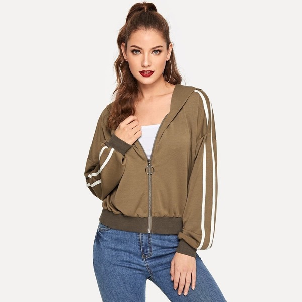 

Drop Shoulder Striped Zip Up Hoodie