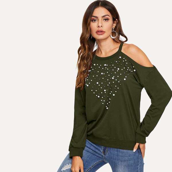 

Pearl Beaded Cold Shoulder Pullover, Army green