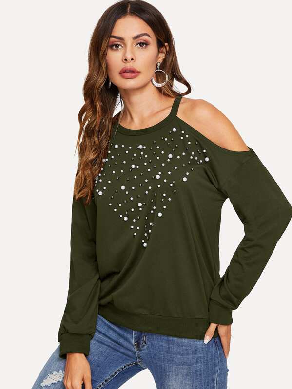 

Pearl Beaded Cold Shoulder Pullover, Army green, Andy