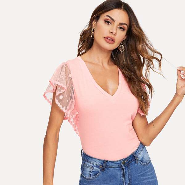 

Mesh Butterfly Sleeve V-neck Top