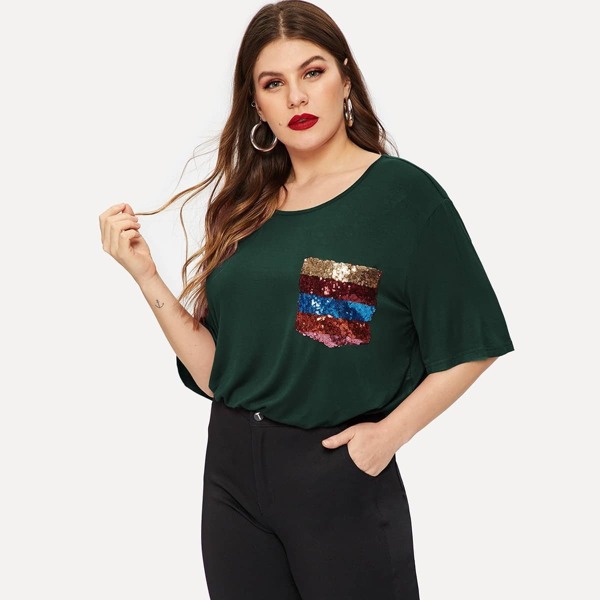 

Plus Striped Sequin Pocket Patched Tee