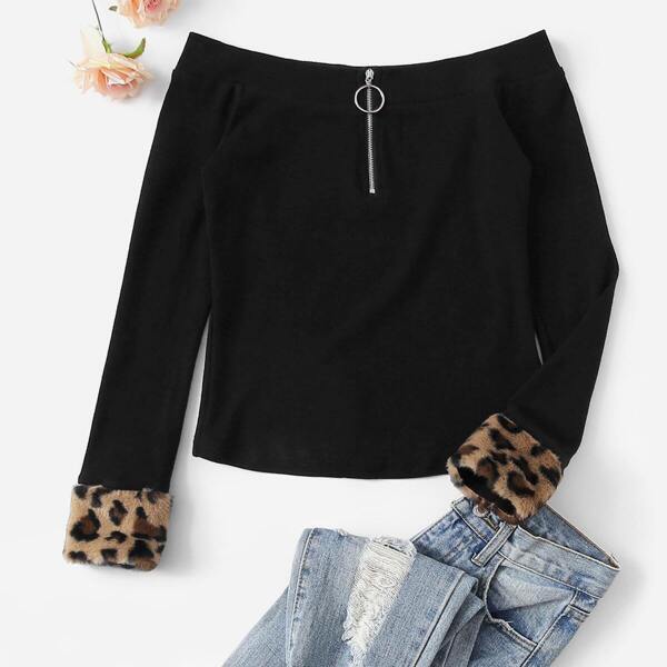 

O-ring Zip Front Leopard Faux Fur Cuff Bardot Tee