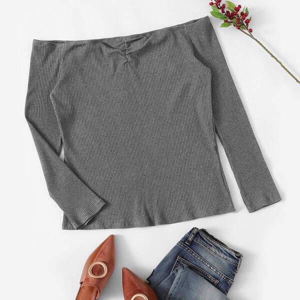 

Plus Off Shoulder Rib-knit Ruched Detail Tee