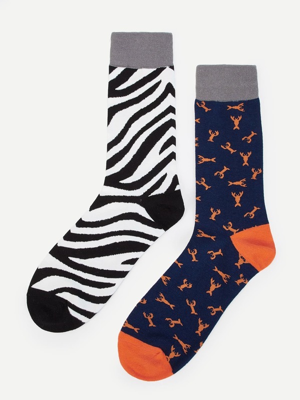 

Men Crawfish & Zebra Pattern Calf Length Socks 2pairs, Multicolor