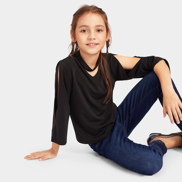 

Girls Split Sleeve Choker Neck Solid Top