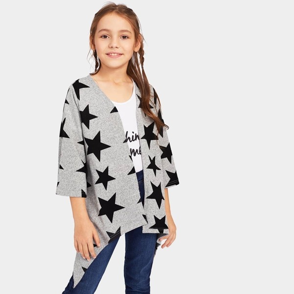 

Girls Open Front Star Print Asymmetrical Kimono