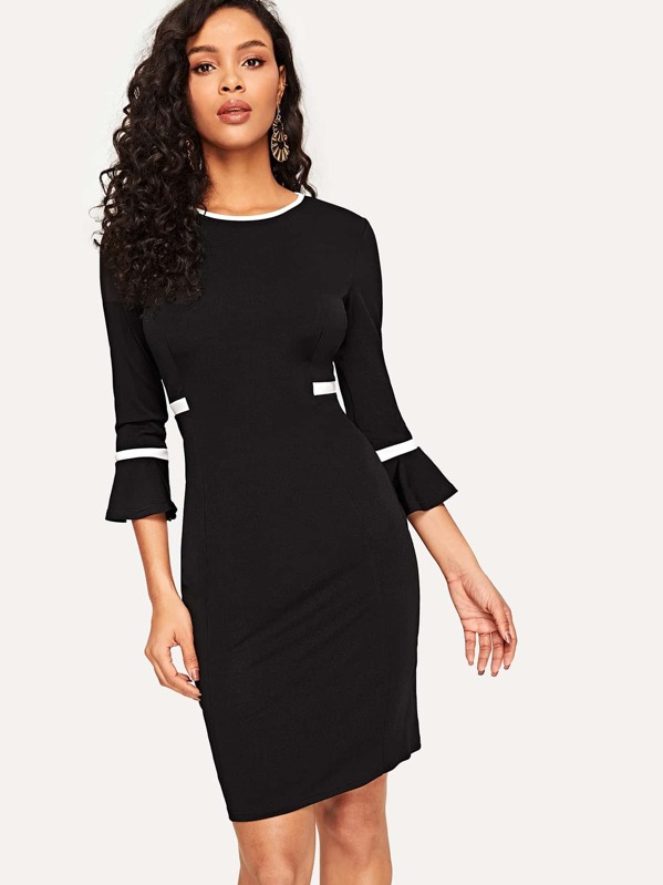 

Zip Back Contrast Trim Flounce Sleeve Bodycon Dress, Black, Maiara