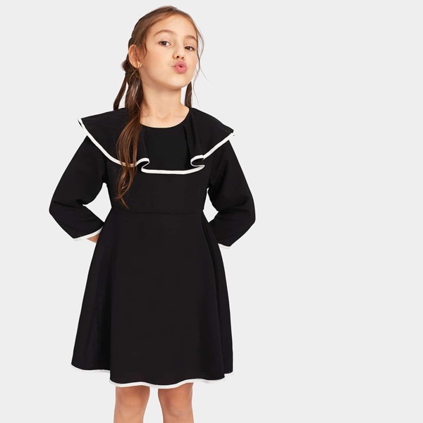 

Girls Contrast Binding Foldover Dress, Black