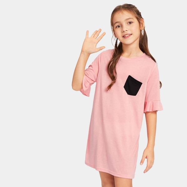 Girls Flounce Sleeve Contrast Pocket Tee Dress