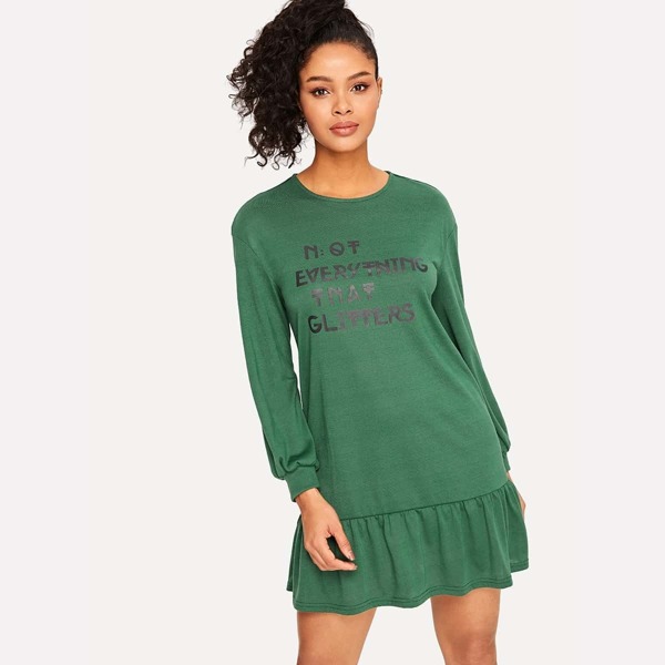 

Letter Print Ruffle Hem Sweat Dress
