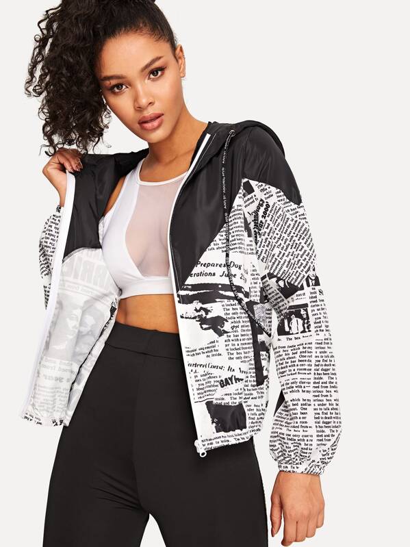 

Newspaper Print Zipper Up Windbreaker Hoodie Jacket, Black and white, Maiara