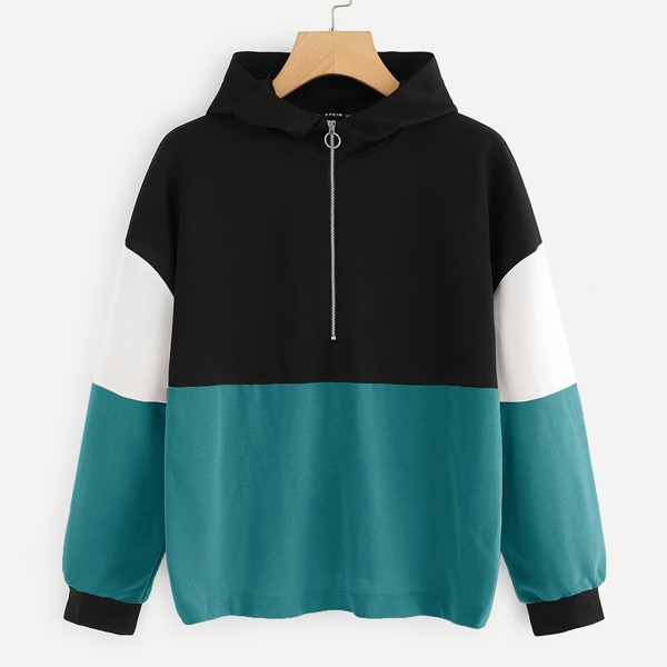 

Cut-And-Sew Half Placket Hoodie, Multicolor