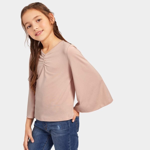 

Girls Solid Ruched Front Bell Sleeve Top, Pink