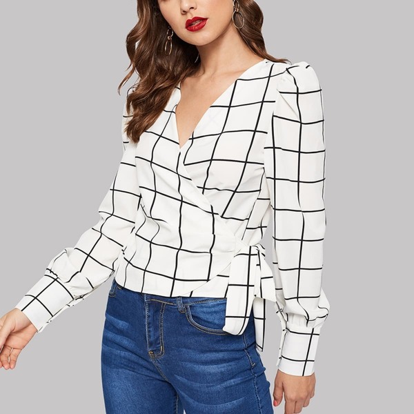 

Windowpane Check V-neck Wrap Blouse