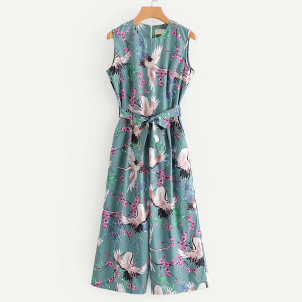 

Self Tie Floral & Crane Print Jumpsuit, Green