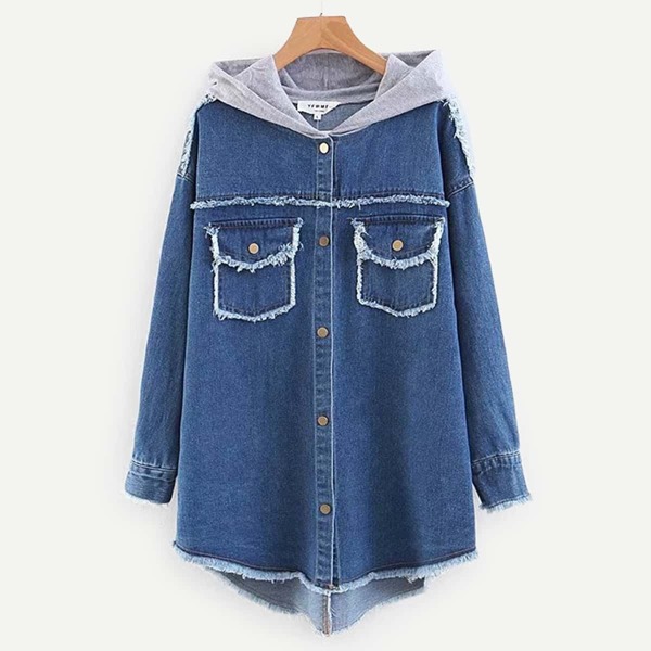 

Dual Pocket Raw Hem Hooded Denim Coat