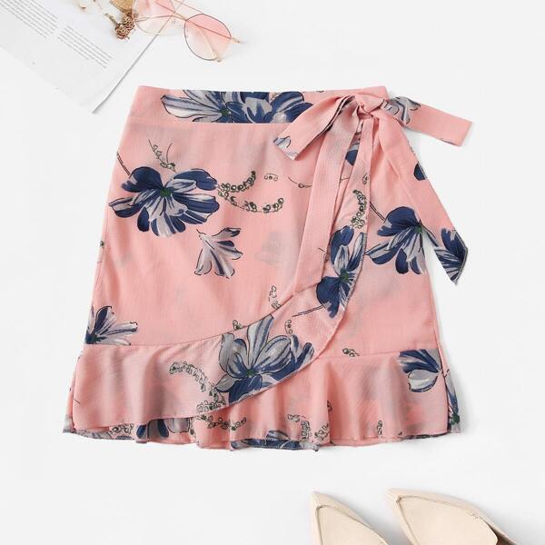

Knot Side Ruffle Hem Floral Print Skirt