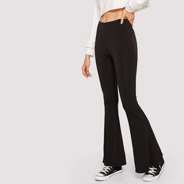 

Solid High-Rise Flare Leg Pants, Black