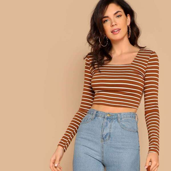 

Square Neck Striped Fitted Crop Tee
