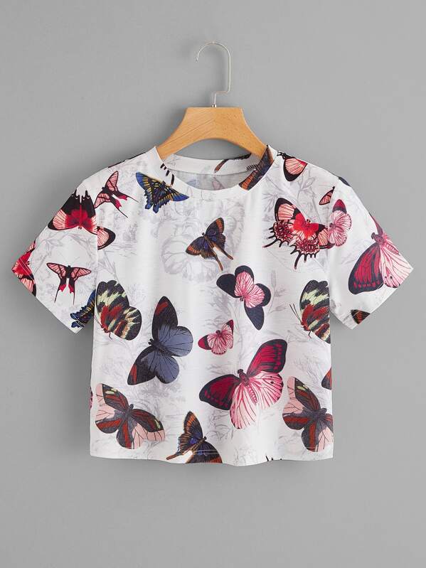 

Butterfly Print Crop Tee, Multicolor