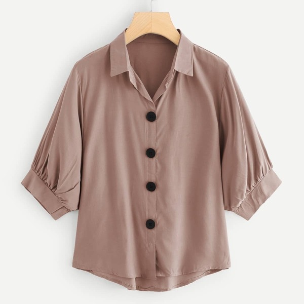 

Plus Single-breasted Dip Hem Blouse, Pink