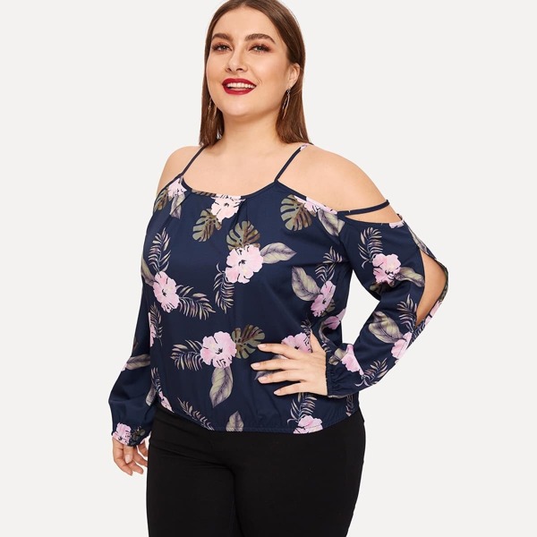 

Plus Cold Shoulder Floral Print Blouse