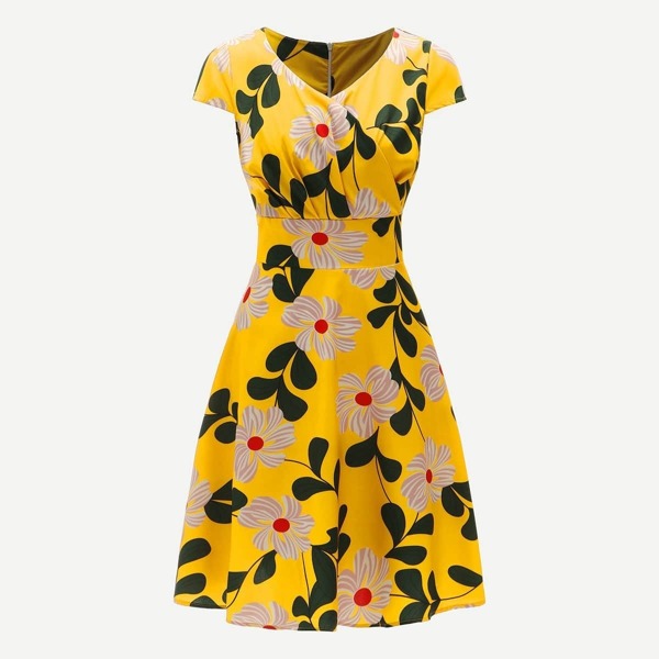 

Plus Surplice Front Floral Print Zip Back Dress, Multicolor
