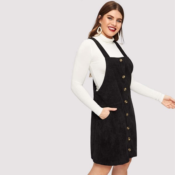 

Plus Thick Strap Button Up Cord Overall Dress