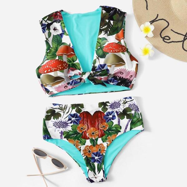 

Knot Front Random Tropical Print Bikini Set, Multicolor
