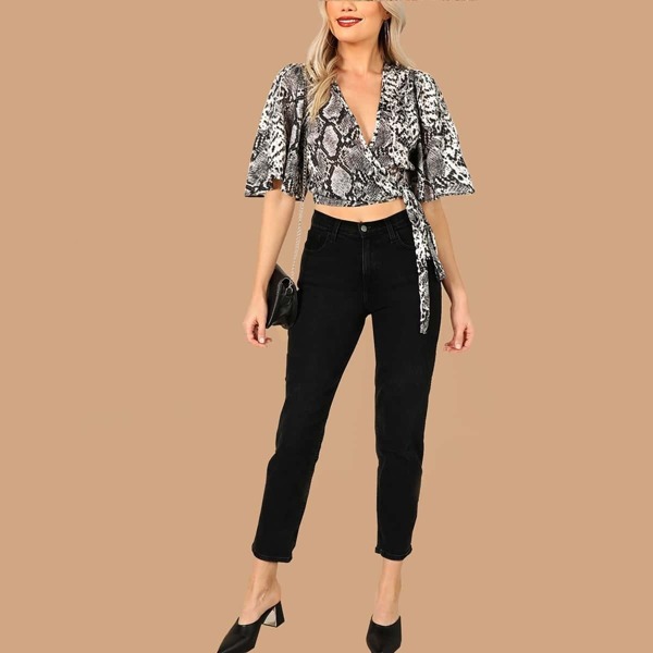 

Bell Sleeve Snakeskin Wrap Crop Top, Multicolor