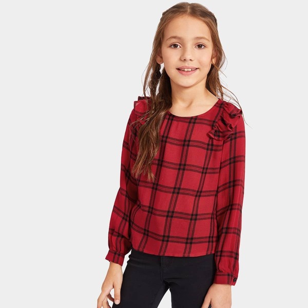 

Girls Keyhole Back Ruffle Trim Plaid Top