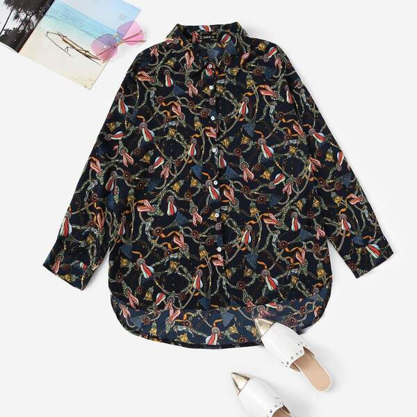 

Plus Equestrian Print Curved Hem Shirt