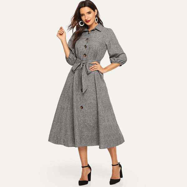 

Balloon Sleeve Button Front Hijab Dress With Belt